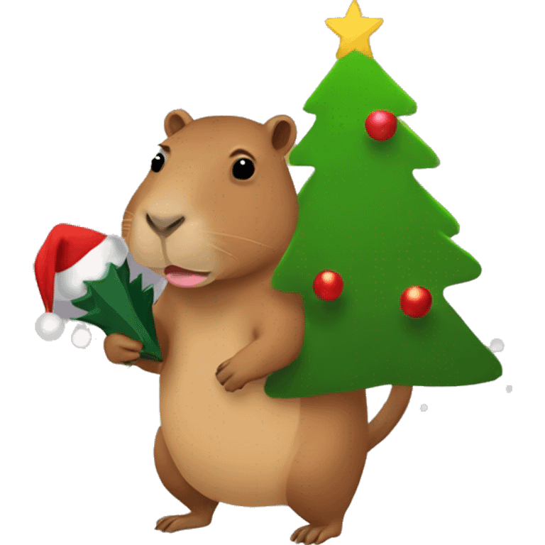 A capybara holding a Christmas tree emoji