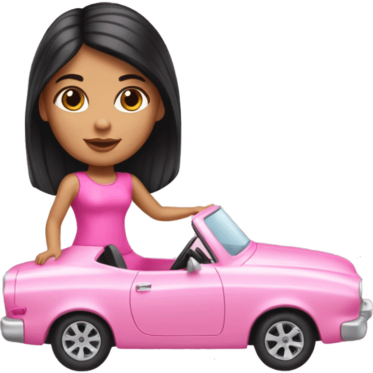 A light hispanic girl with black hair driving a pink barbie car emoji