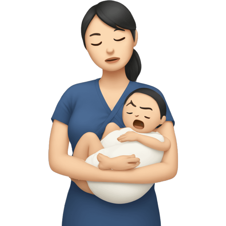 A tired Asian woman holds a baby in her arms emoji