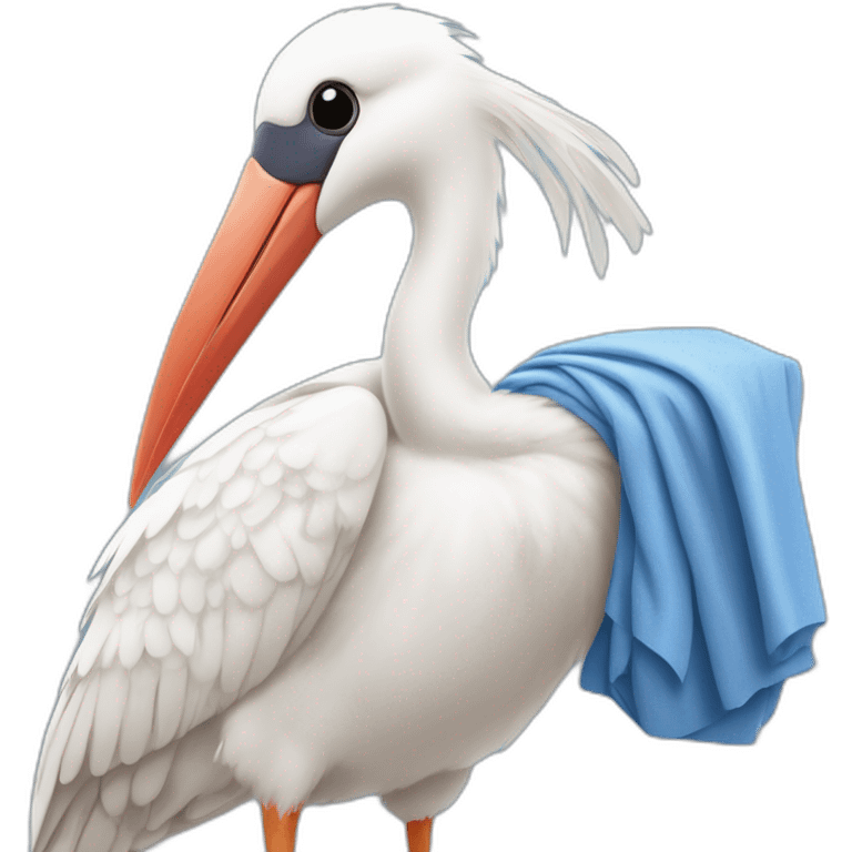 White stork carrying a blue bundle of cloth in its beak that has a human baby with dark hair and the baby head is peeking from the fabric bundle the strok is carrying with its beak emoji