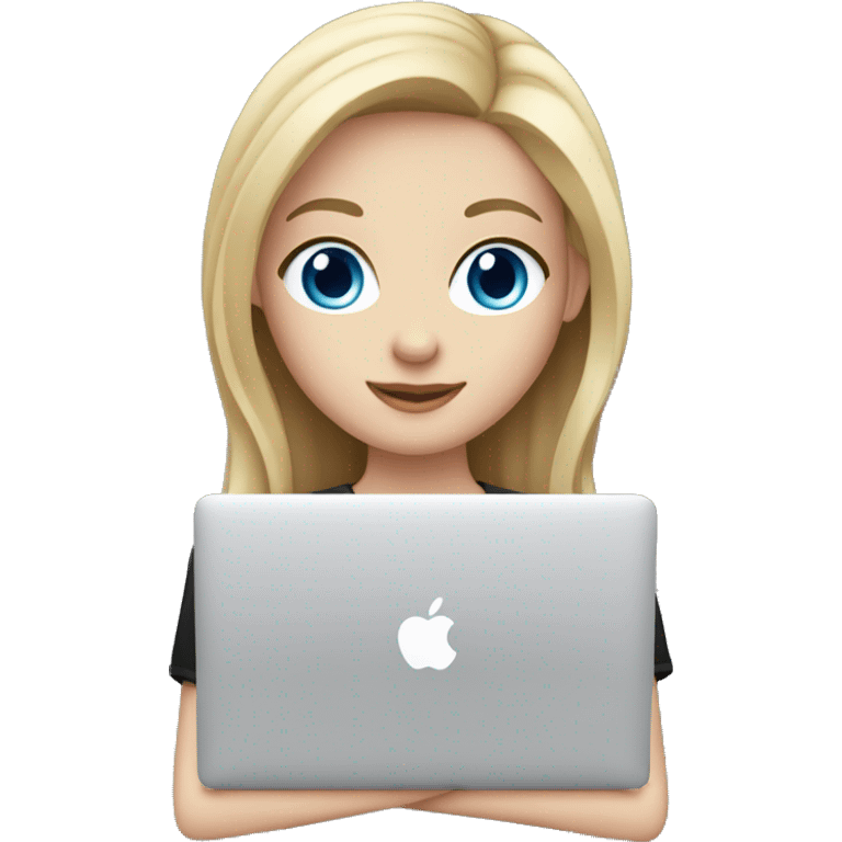 a girl with fair skin, light hair and blue eyes in a black shirt holds a MacBook emoji