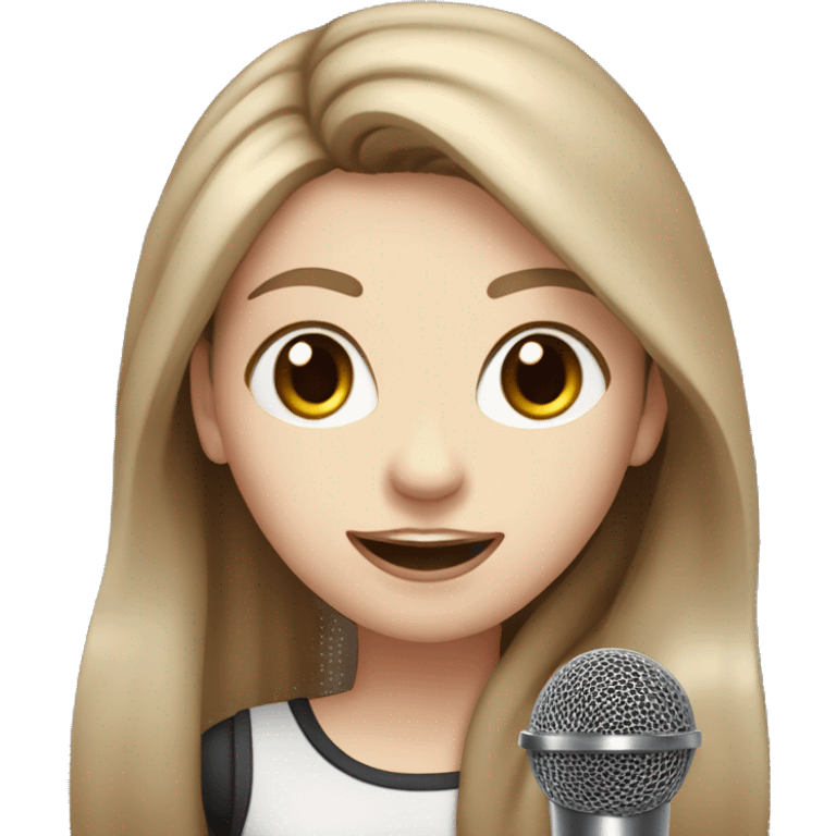 a girl with brown long layered middle parted hair, hazel eyes, pale skin, dark lips, singing into a microphone emoji