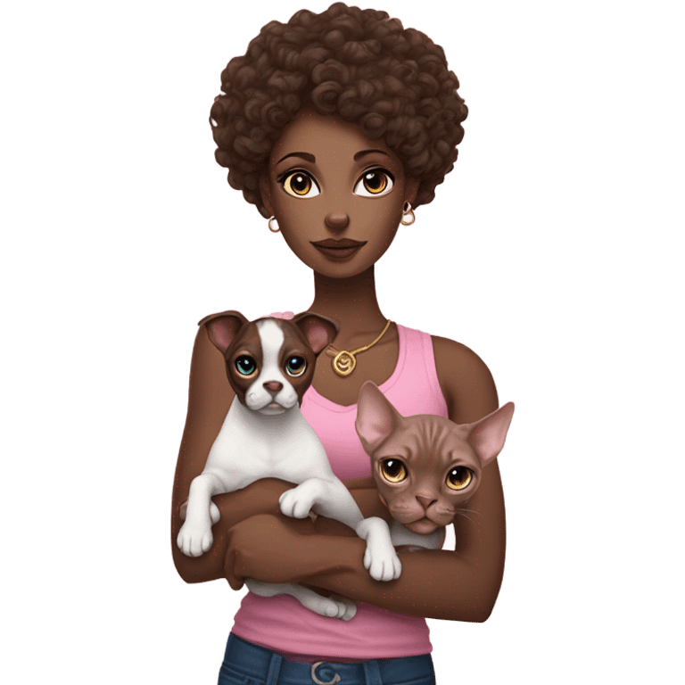 Beautiful tattooed curly dark brown haired woman holding a boxer dog and  pink sphinx cat with blue eyes emoji