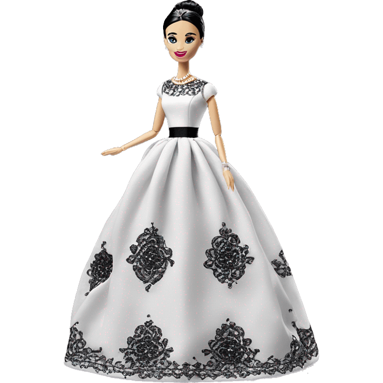 Audrey Hepburn Barbie. Wednesday Addams. Show full body. Embroidered long gown with accessories  emoji