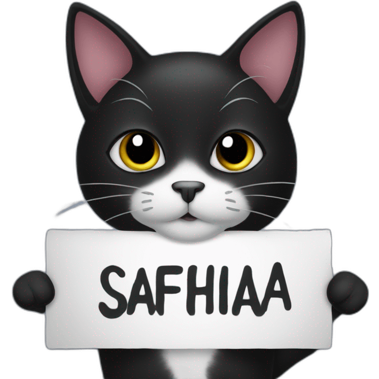 Black cat holding a sign with the inscription “Safina” emoji