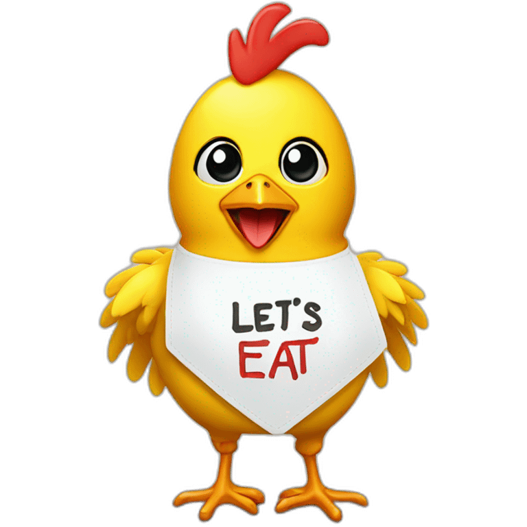 Chica is a yellow animatronic chicken with a bib with an inscription Let's eat emoji