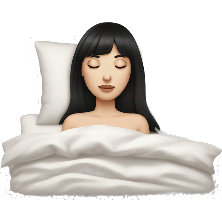 Woman pale skin black hair with bangs sleeping in bed with pillow, white woman emoji