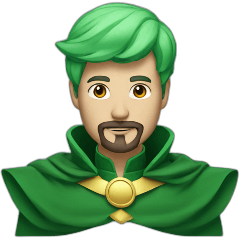 man with green hair green suit and large green top with gold strip hat goatee green cape emoji