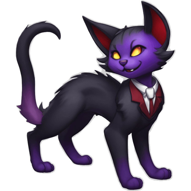 Anthro-Cute-Edgy-Vampiric-Batty-Cat-Black-Purple-Red-Grey-White-Yellow-Contrast-Colors-Fantasy-Fur-Sona-Chibi-Shiny-Fakémon-Hybrid with horns and big fangs, neck tie, leg spats full body emoji