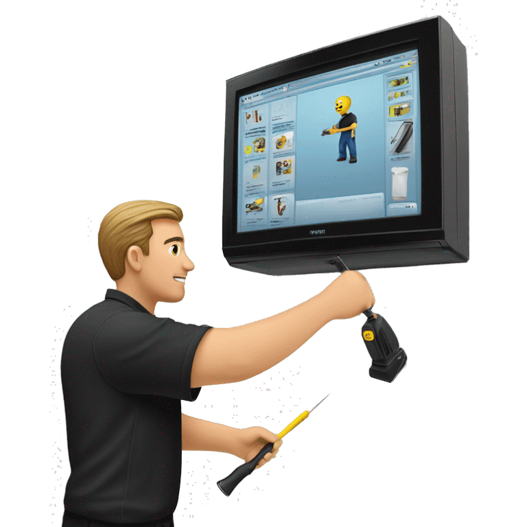 Technician wearing a black polo shirt fixes a TV to a white wall of an exhibition Booth using a screwdriver emoji