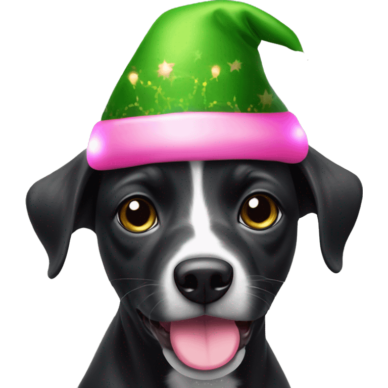 Black mouth curr dog with pink Christmas lights and elf hat emoji