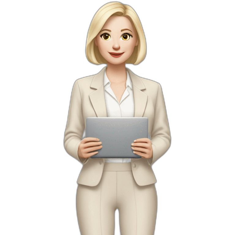 pale skin woman with ash blonde Straightened bob Hair, White Spacious classical jacket, beige palazzo Arrow pants and gray blouse holding a MacBook in the hands emoji