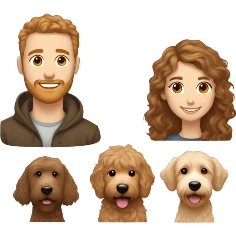 White woman with olive complexion, brown wavy hair and bangs straight across her forehead, smiling. White man with brown hair and brown scruff, smiling. Goldendoodle with apricot colored fur emoji