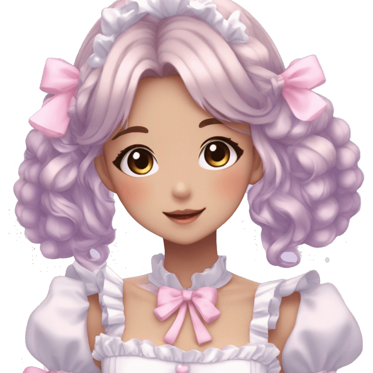 Gorgeous anime style lady blushing face maid outfit Lolita idol model colorful shiny sparkle kawaii pastelcore cottagecore pearly petite simplistic aesthetic trending style emoji