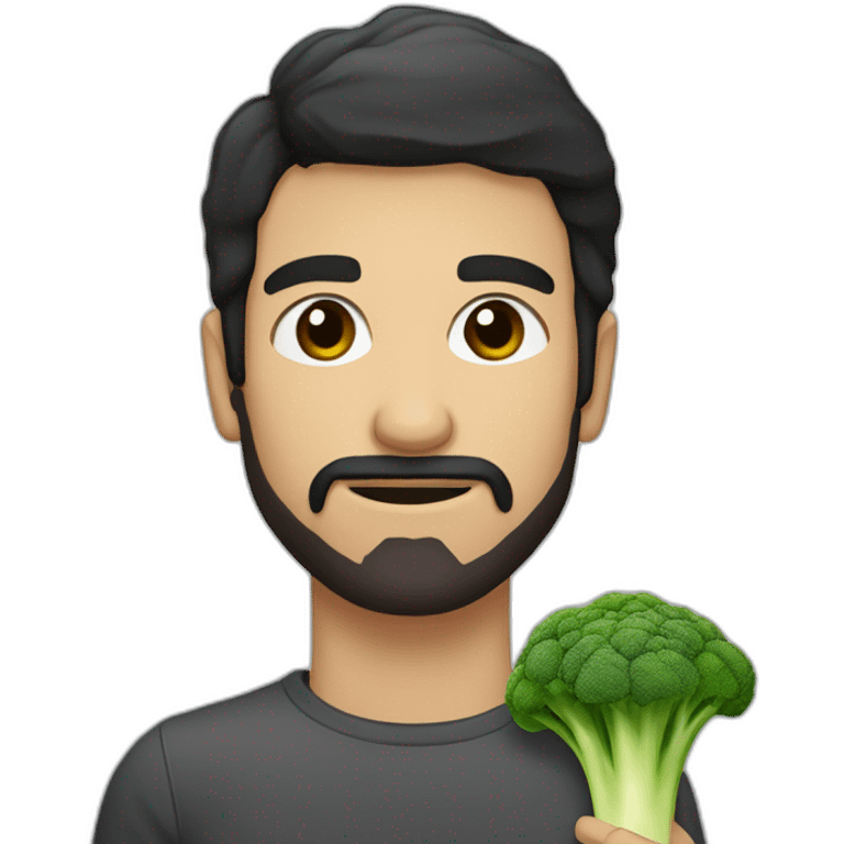 a slender mexican man with dark hair and short beard holding a broccoli emoji