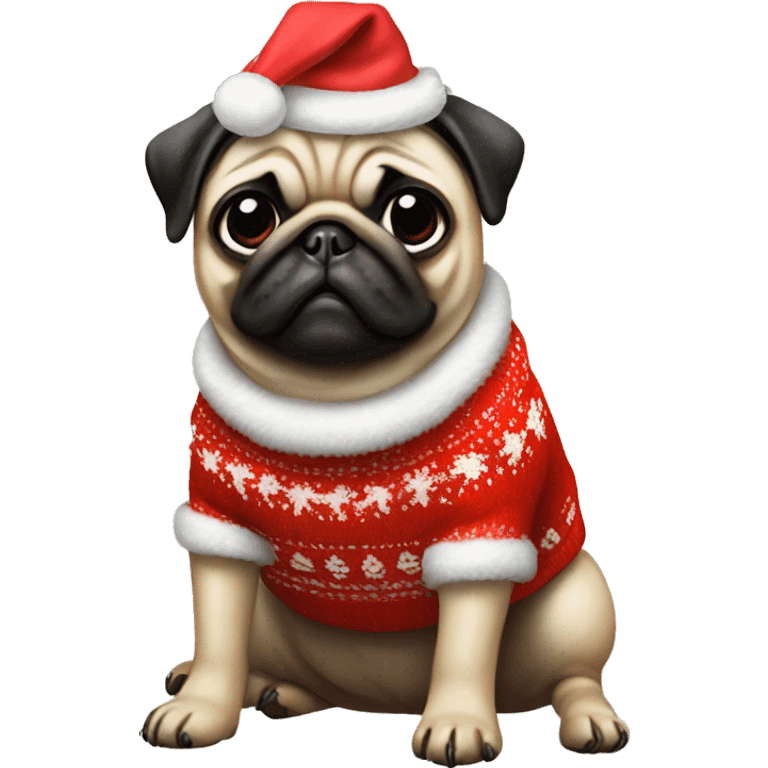 Pug with a red bow on its head and a Christmas sweater emoji