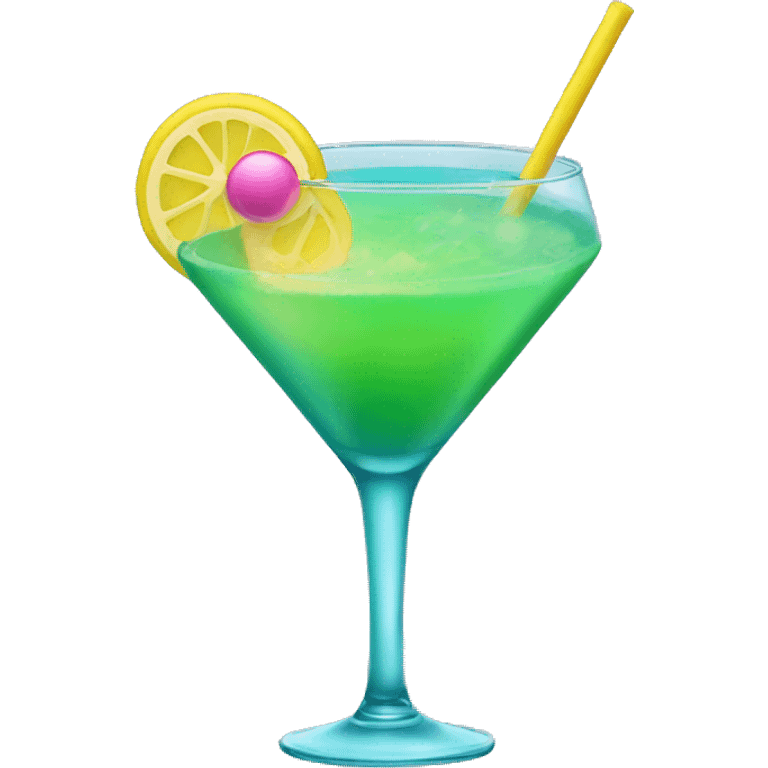 Bluish green cocktail with pink and yellow emoji