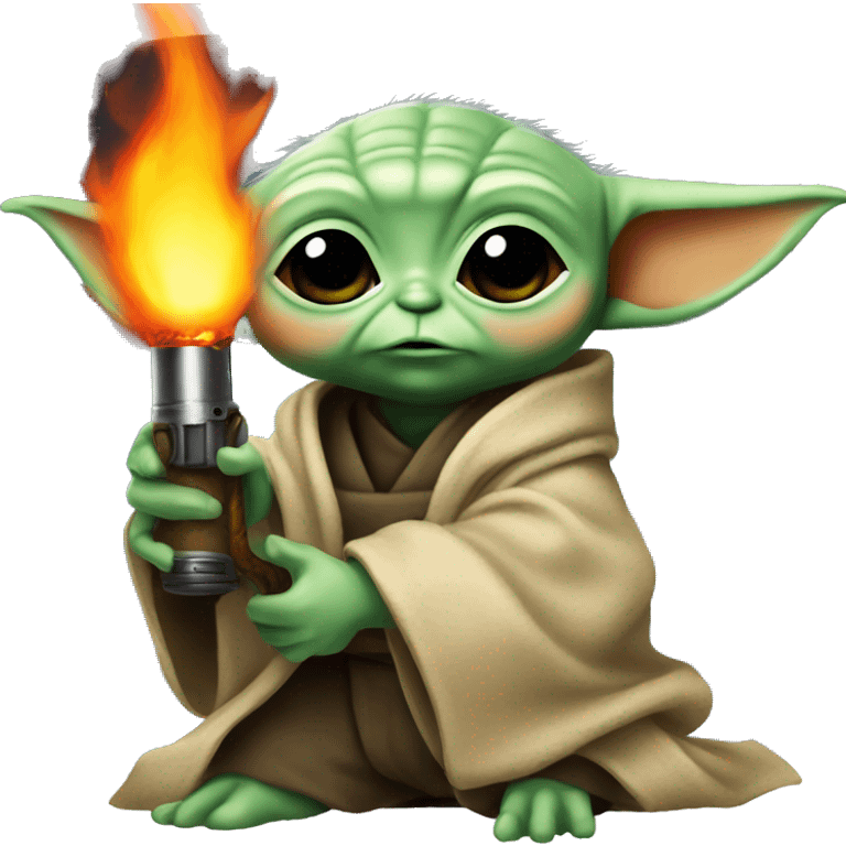 BabyYoda holds a flamethrower c big flame emoji