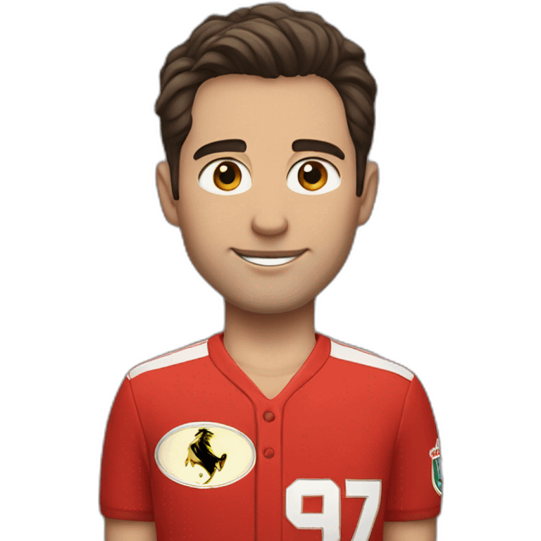 a young white man with no beard and very short dark hair and brown eyes in a red ferrari jersey emoji