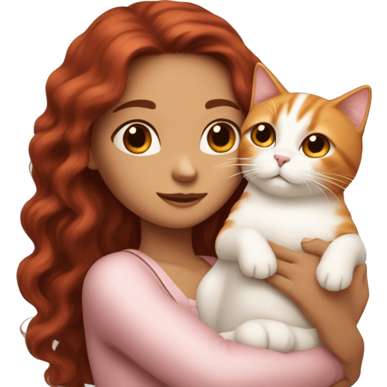 girl with long very dark red wavy hair and dark brown eyes and light pink outfit hugging a white & ginger cat  emoji