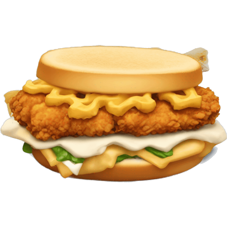 Fried chicken sandwich with Mac and cheese and ranch emoji