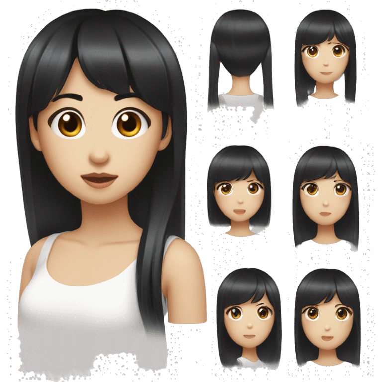 Asian girl, black hair, dark brown eyes, long hair, hime cut, blunt bangs, small silver hoop earrings emoji