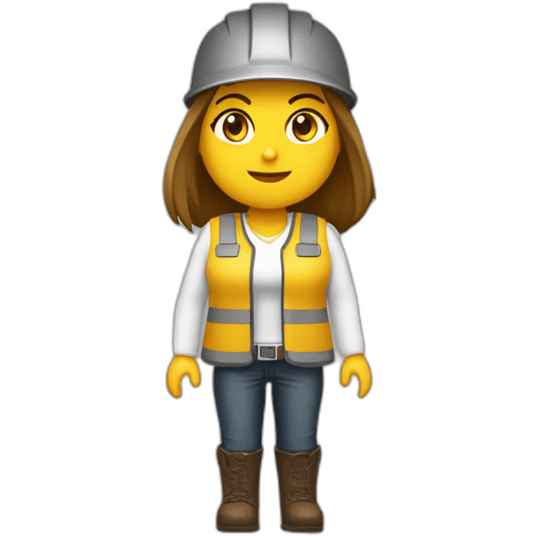 Mujer con casco obra conpletamente blanco pelo lacio castaño oscuro chaleco de obra amarillo fosforito y camisa blanca emoji