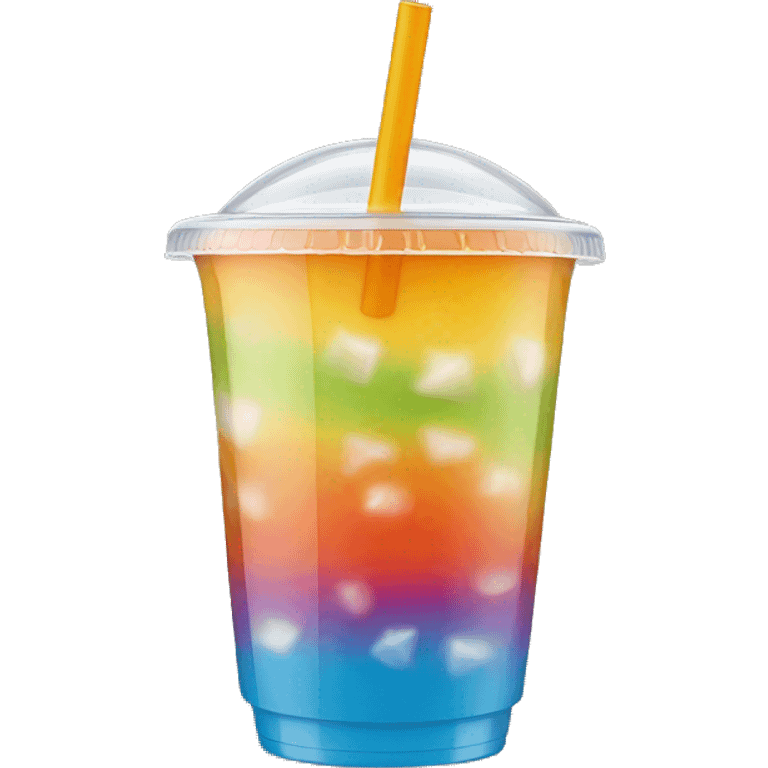 Realistic plastic domed lid cup with colorful straw and juice with ice inside of the cup. emoji