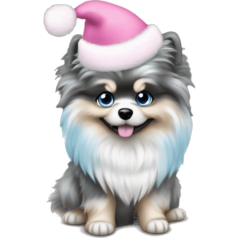 Blue Merle pomeranian puppy full body light blue eyes pink christmas hat on emoji