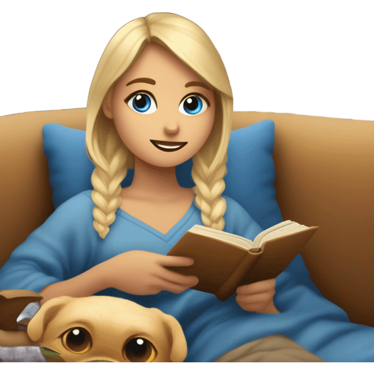 Chica rubia de ojos azules en un sofá tapada con una manta marrón mientras lee un libro emoji