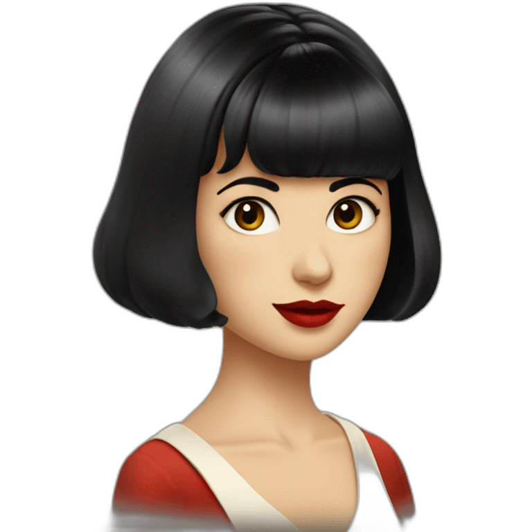 a girl who looks like amelie poulain, short bob cut with bangs, black hair, brown eyes, cherry red lips, white skin, vintage clothing emoji