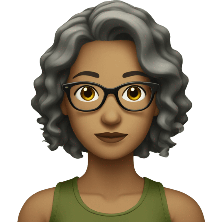 white skined woman with wavy black hair with a olive green tank top with glasses tortoise  emoji