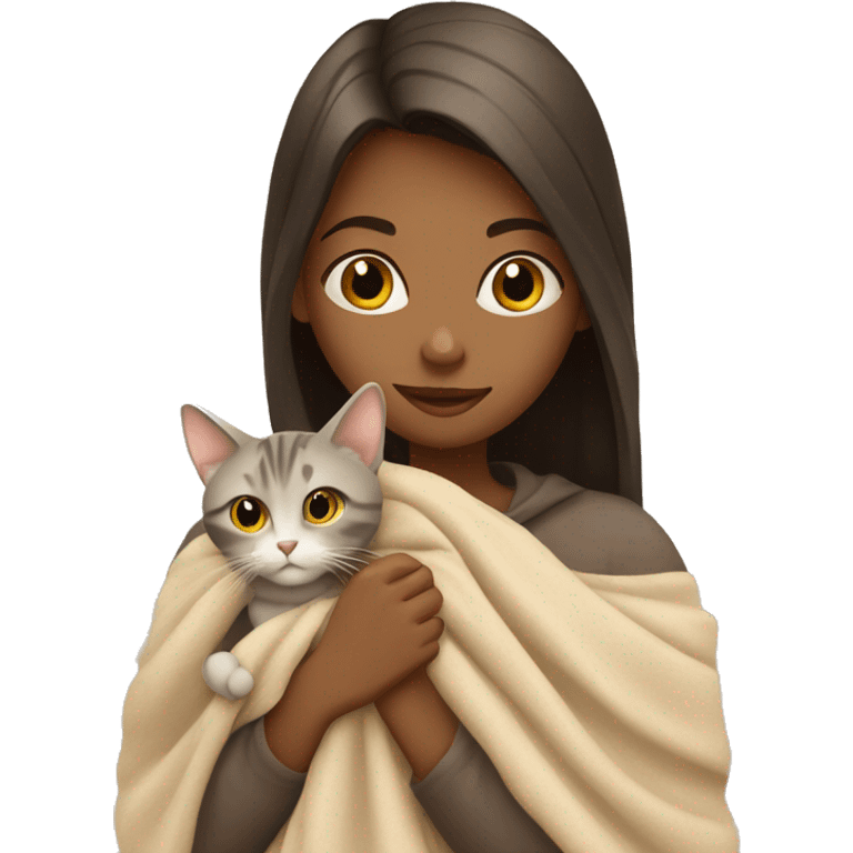 girl petting cat in beige blanket emoji