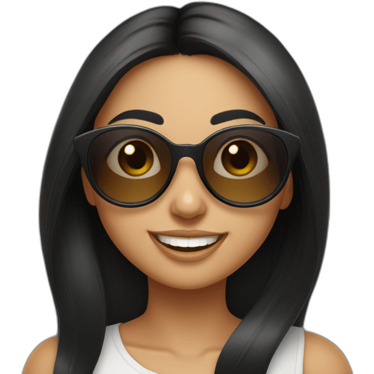 Cute oval shaped face front looking white smiling long black straight hair indian girl wearing round sunglasses emoji