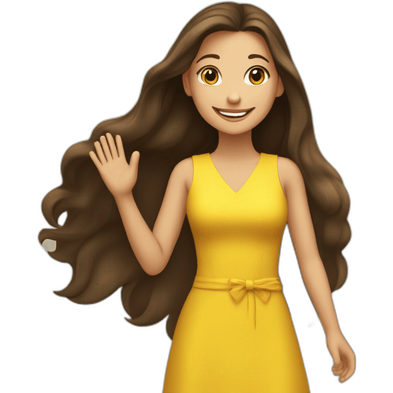 Brunette happy girl with long hair shake her hand for say hi! to someone. She is wearing a yellow dress emoji