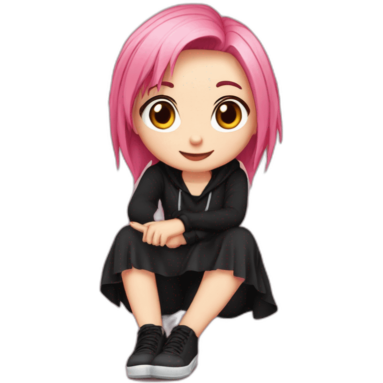 Full body Front view curvy emo girl pink hair sits on the floor straight view hands up black skirt полосатые рваные чулки emoji