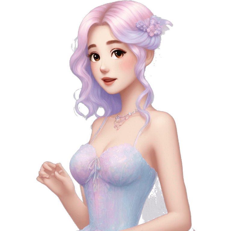 gorgeous pretty attractive lady beautiful pastel-gradient hair with gorgeous dress fairycore cottagecore pastelcore detailed high quality trending VOGUE aesthetic full body sticker emoji