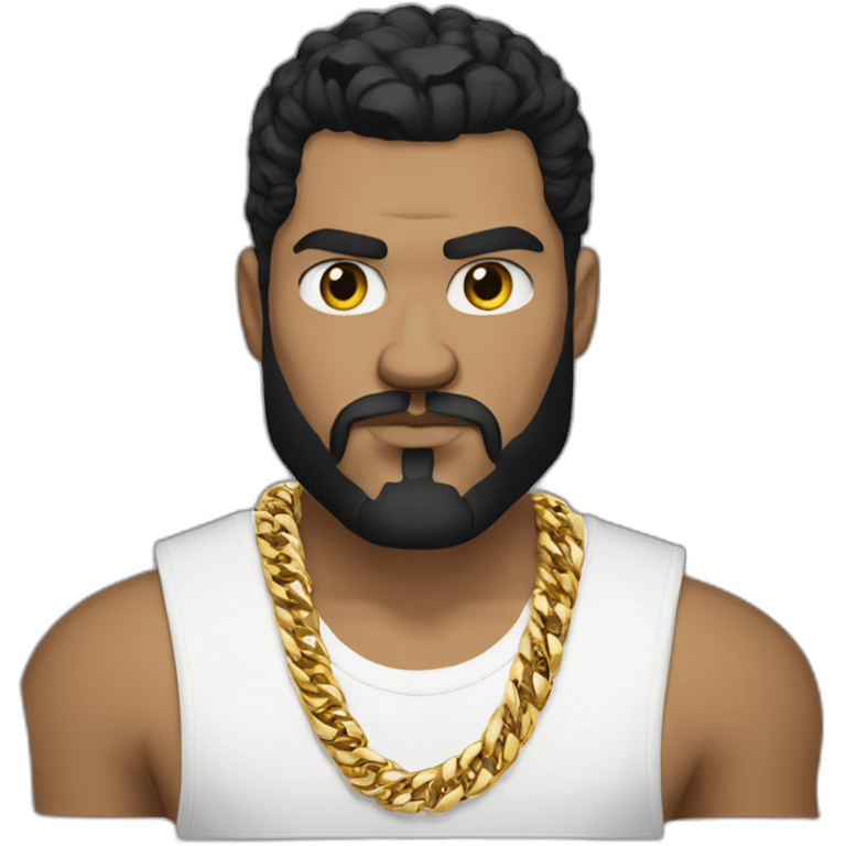 Russian strong thug wearing gold chain with black hair and short beard, wearing designer fendi tshirt emoji