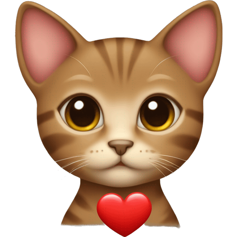 Brown kitten with brown eyes bow around the neck and a little red heart near her emoji