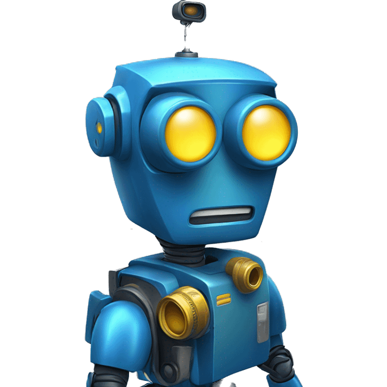 blue robot with a camera for a head and a glowing yellow lense emoji