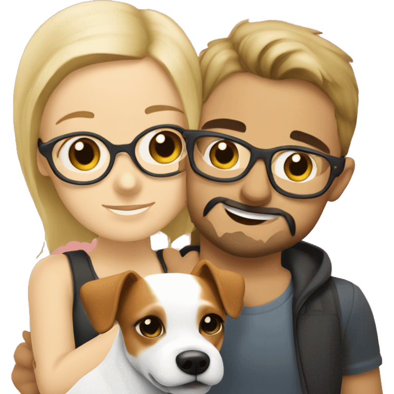  blonde girl without glasses and a white boy with glasses, a little Beard and moustache, both cuddling a jack Russell emoji