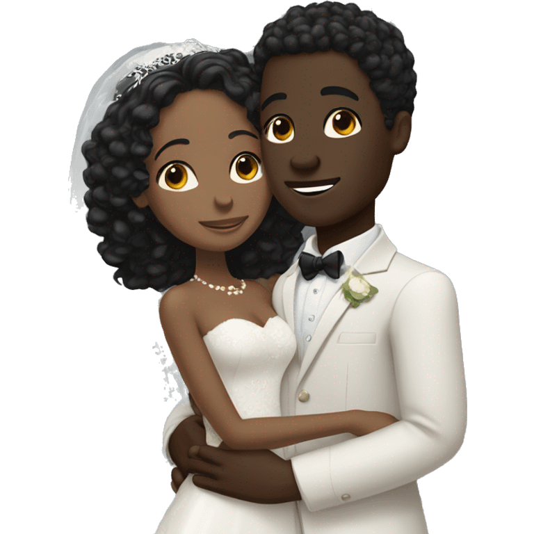 African Bride and Groom. Dark Brown skin. Black long curly hair. Short black haircut. Hugging each other. Eyes closed. emoji