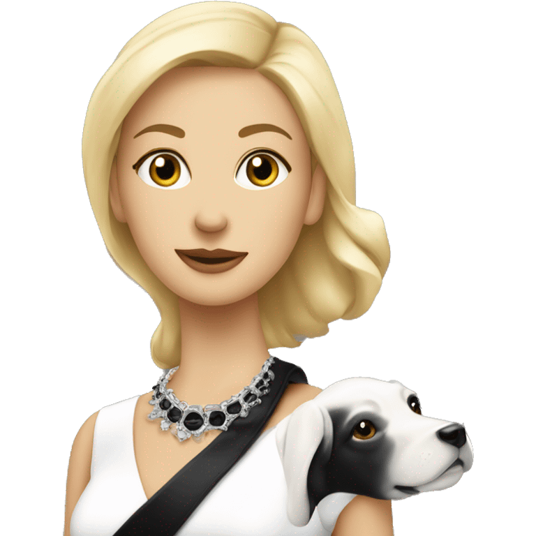 Elegant Blonde woman in black dress. Dog’s collar around neck emoji