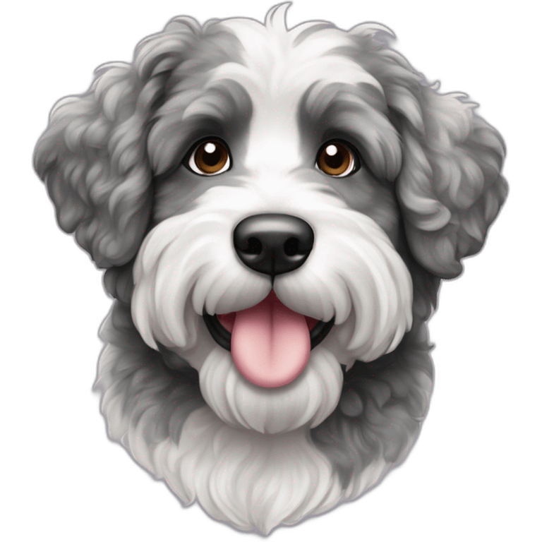 ausiedoodle with black and white and gray merle coloring with heart emoji