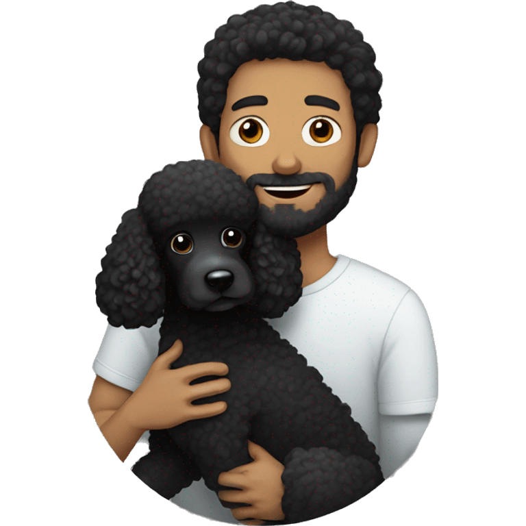 Black-haired and white guy with beard hugs black poodle dog  emoji