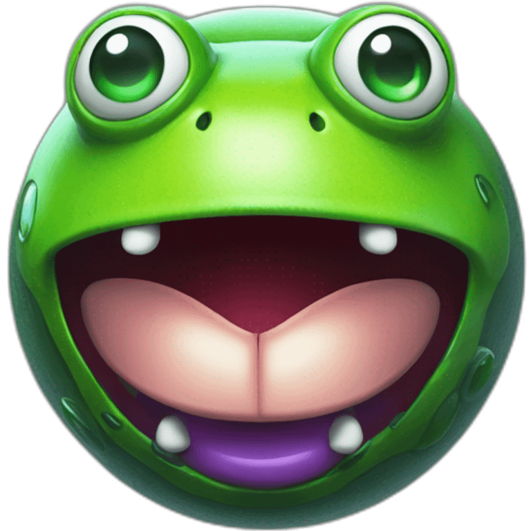 3d sphere with a cartoon frog jukebox Evoker skin texture with kind eyes emoji