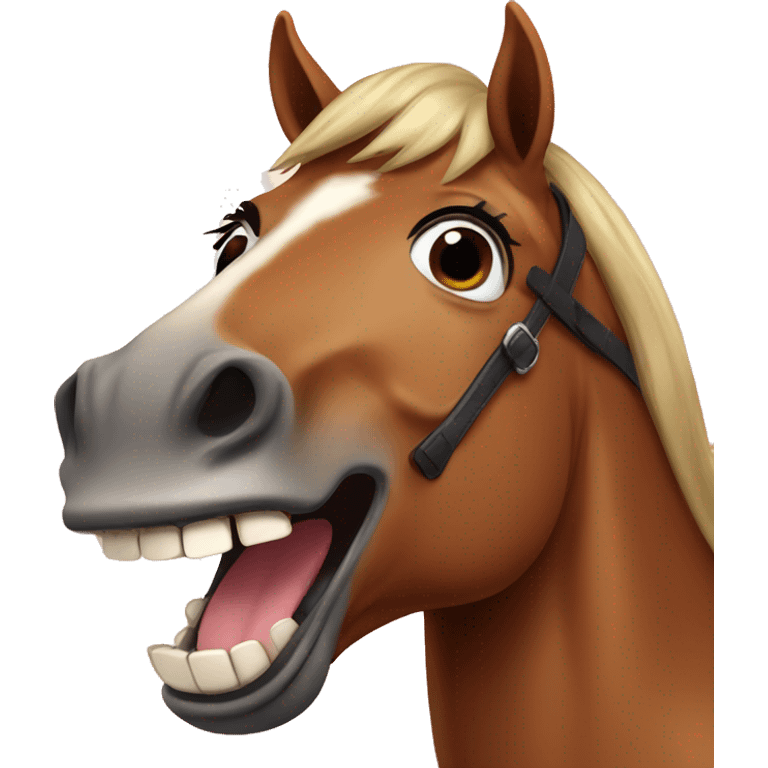 brown horse wearing sunglasses with human teeth laughing emoji