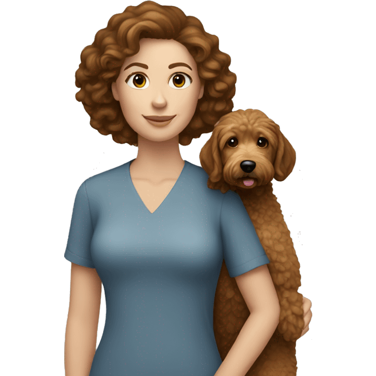 White Woman with brown hair holding a golden doodle  emoji