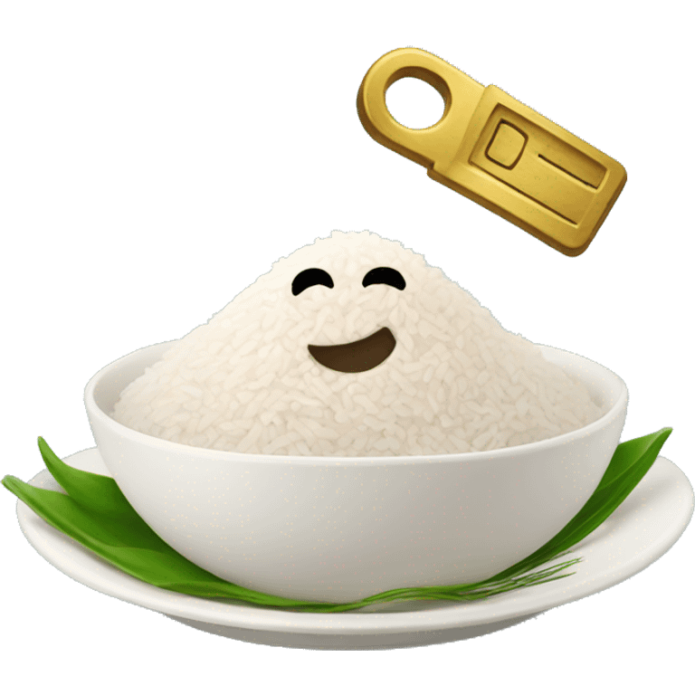 Happy face with a key and plate of rice emoji