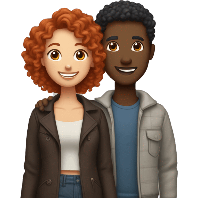 Create an emoji of a couple: a woman with curly red hair and brown eyes, and a man with short straight black hair and dark brown skin. Both should be smiling warmly and standing close together, embracing each other affectionately emoji